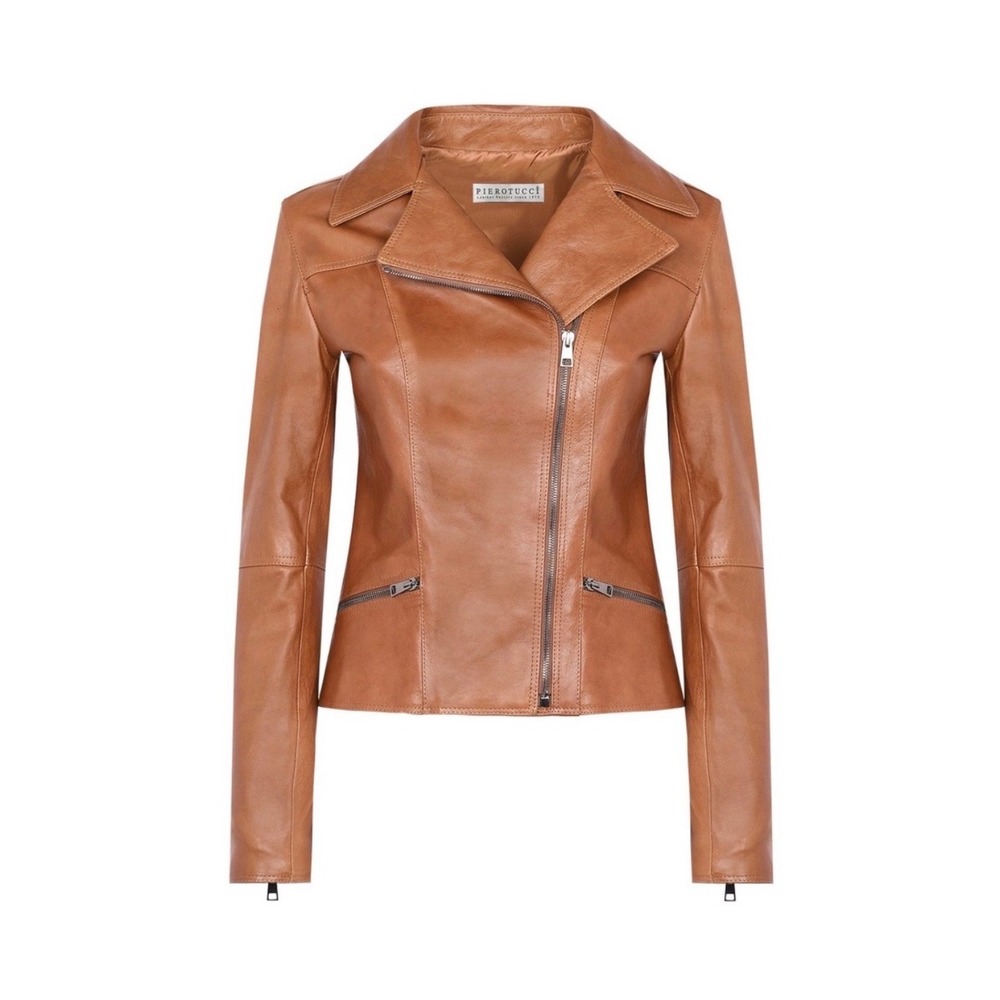 Pierotucci Italy Tan Brown Leather Moto Jacket Size 44 Asymmetrical Zip Biker